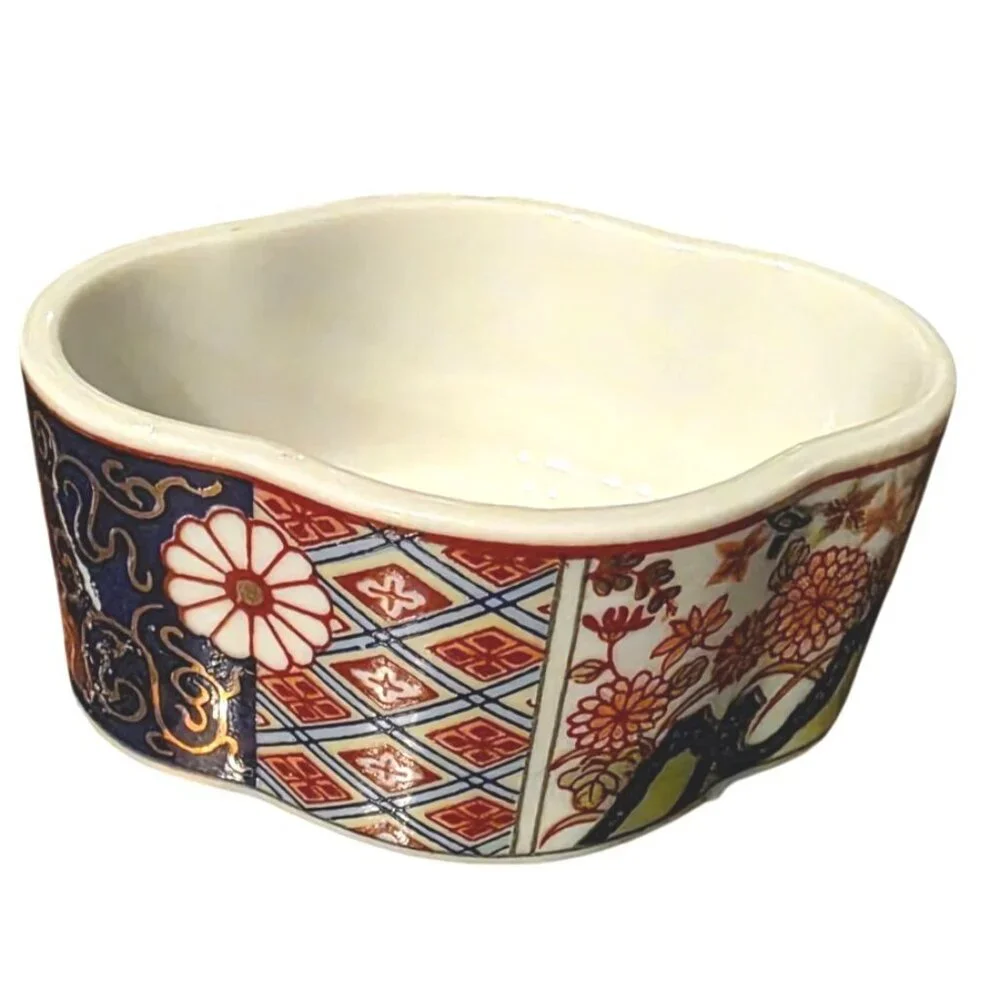 Vintage‎ Trinket Box Japanese Imari-Style Ceramic Floral & Geometric 3